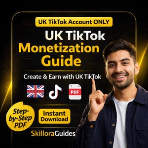 Könnte beinhalten: Ein digitaler Leitfaden mit dem Titel "UK TikTok Monetization Guide" mit dem Text "Create & Earn with UK TikTok". Das Bild enthält die britische Flagge, ein TikTok-Logo und ein PDF-Symbol. Der Leitfaden ist zum sofortigen Download verfügbar.