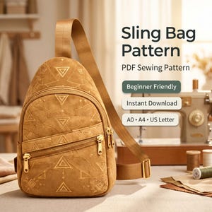May include: A tan sling bag with a geometric design and gold zips. The bag has a shoulder strap and the text "Sling Bag Pattern" is displayed. The text also says "PDF Sewing Pattern", "Beginner Friendly", and "Instant Download".