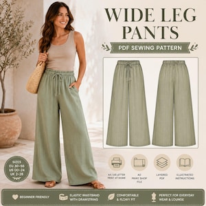 May include: A PDF sewing pattern for wide leg pants featuring an elastic waistband with a drawstring. The design includes front and back views of the sage green trousers, along with icons for A4, US letter, and A0 print formats, plus instructions.
