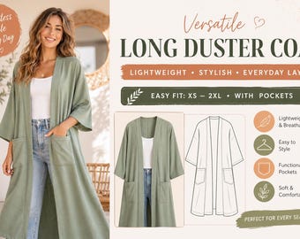 Long Duster Coat Sewing Pattern PDF, Kimono Jacket Pattern Women, Easy Beginner Coat with Pockets, Relaxed Fit, XS–2XL Instant Download