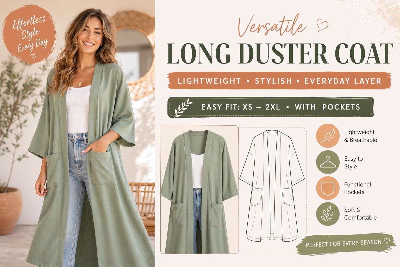 Long Duster Coat Sewing Pattern PDF, Kimono Jacket Pattern Women, Easy ...