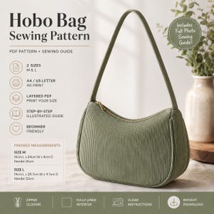 Op de afbeelding: Een saliegroene corduroy hobo-tas met een enkele schouderband en een gouden ritssluiting. De afbeelding bevat tekst voor een naaipatroon, met maten M en L en afgewerkte afmetingen van 16cm L x 24cm B x 8cm D en 19cm L x 28,7cm B x 9,7cm D.