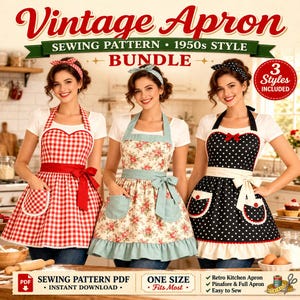May include: Three women wearing vintage aprons in a kitchen setting. The aprons feature different patterns: red gingham, floral, and black polka dots. The image includes text that reads "Vintage Apron Sewing Pattern 1950s Style Bundle."