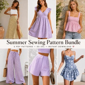 Può includere: Una collezione digitale intitolata Summer Sewing Pattern Bundle con 6 cartamodelli in PDF nelle taglie XS-3XL. L'immagine mostra una gonna floreale gialla, un abito floreale color lavanda, un top a quadretti vichy rosa, pantaloni floreali lavanda, pantaloncini vichy lavanda e un abito floreale blu.