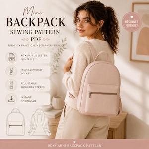 Trendy Mini Backpack Sewing Pattern PDF, Boxy Backpack Pattern, Beginner Friendly Bag with Front Zipper Pocket, Adjustable Straps.