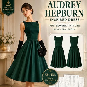 1950s Dress Sewing Pattern PDF | Vintage Flared Dress Pattern XS to 4XL | Audrey Hepburn Style | Boat Neck Princess Seam | Instant Download