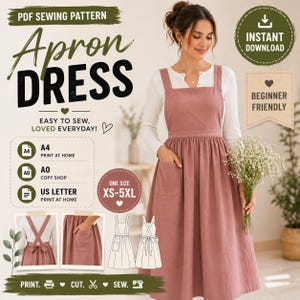 Patrón de costura en PDF: Delantal estilo peto vintage / Patrón de delantal de cocina para principiantes (descarga instantánea) / Delantal con volantes / Delantal estilo cottagecore en PDF