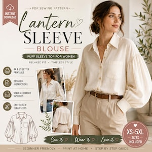 May include: A PDF sewing pattern for a lantern sleeve blouse featuring a cream-colored button-down shirt with a collar, a chest pocket, and voluminous sleeves. The pattern includes instructions for sizes XS-5XL, A4 and US letter printable formats.