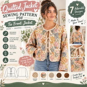 May include: A digital sewing pattern for a quilted tie-front jacket with a floral patchwork design. The pattern includes instructions for seven designs, sizes XS to XXXL, and features a cropped silhouette with long sleeves and front pockets.