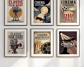 Vintage Cinema Print Set | Home Theater Decor | retro Film Art Bundle |  digital download