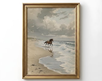 Wild Horse coastal wall art, printable classic horse scene decor, Ocean scene artwork, digital download