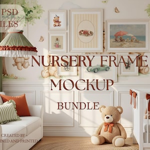 May include: A nursery frame mockup bundle featuring six PSD files. The wall displays a gallery of framed illustrations including a teddy bear, a vintage car, and a beach scene. A white crib with orange bows and a teddy bear sit in the room.
