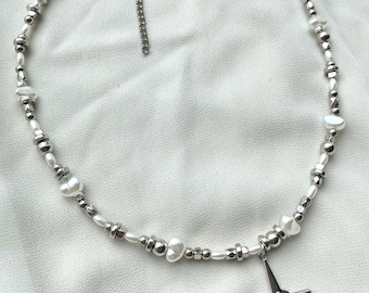 Pearl Beaded Choker | Silver Star Pendant, Adjustable Necklace