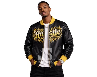 Men's Black Letterman Jacket Hustle Leather Bomber Varsity Jacket Bold Yellow Graphic