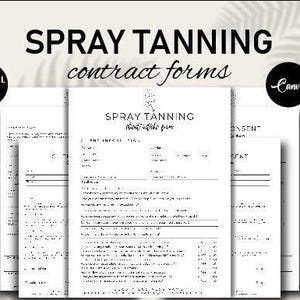 Könnte beinhalten: Digitale Dateien mit Spray-Tanning-Vertragsformularen. Die Formulare sind weiß mit schwarzem Text und sind übereinander gestapelt. Die Worte "SPRAY TANNING contract forms" stehen oben im Bild.