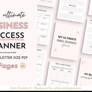 May include: A selection of business planners with the text "The ultimate BUSINESS SUCCESS PLANNER" and "MY ULTIMATE SMALL BUSINESS planner". The planners are white with pink and gold accents. The image also includes the text "A4 & US LETTER SIZE PDF" and "115 Pages".