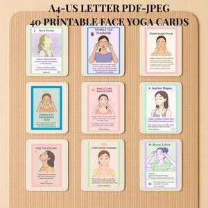 Puede incluir: Un conjunto de 40 tarjetas imprimibles de yoga facial. Cada tarjeta presenta ilustraciones e instrucciones para ejercicios faciales, como reafirmación del cuello, masaje de sienes y esculpido de mejillas. Las tarjetas son para uso doméstico.
