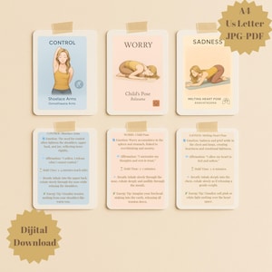 May include: A set of yoga cards with illustrations and instructions for various poses. The cards feature poses like Shoelace Arms, Child's Pose, and Melting Heart Pose, with text including affirmations and breathing exercises. The cards are labeled "Control", "Worry", and "Sadness".