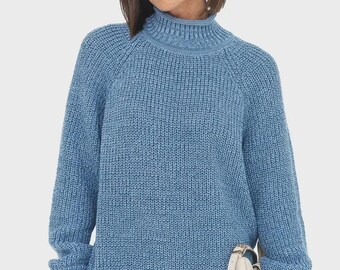Blue Women's Cable Knit Wool Sweater, Mohair Knitted Sweater, Oversized Sweater for Women, Pullover, Women's Sweater, Christmas Sweater
