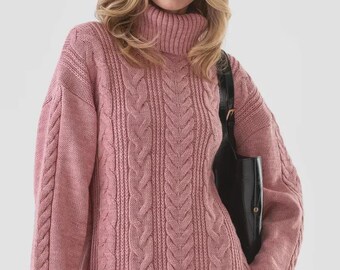 Różowy sweter z dzianiny moherowej, sweter z grubej dzianiny, golf, damski sweter z wełny o splocie warkoczowym, obszerny sweter damski, pulower