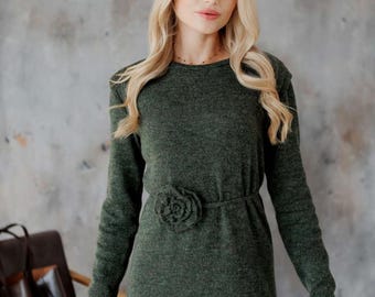 Wool winter dress, maxi knitted dress, women's knit dress, elegant wool dress, evening green dress, warm knitted dress, christmas dress