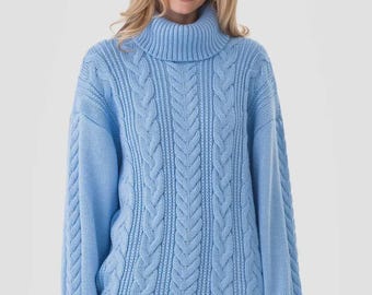 Blue Women's Cable Knit Wool Sweater, Mohair Knitted Sweater, Turtleneck Sweater, Chunky Knit Sweater, Pullover, Oversized Sweater for Women