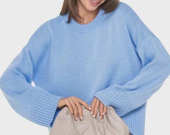 Blue Mohair Knitted Sweater, Women's Knit Wool Sweater, Oversized Sweater for Women, Pullover, Christmas Sweater, Elegant Winter Sweater