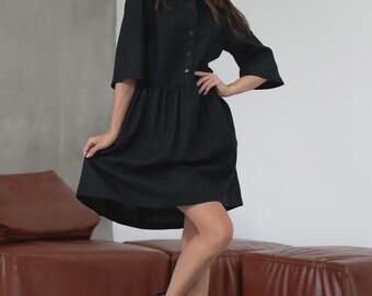 Black small linen dress with embroidery, loose fit, sizes 42-56, elegant dress, dress for work, office dress, casual simple dress
