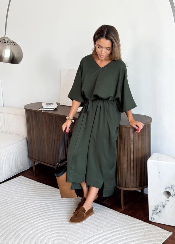 comfortable midi dresses Elegant Midi Dress, Short Sleeve Dress, Oversized Dress, Gifts for Her,  Casual Dress, Dresses for Women, Women's Belted Dress, Boho Dress