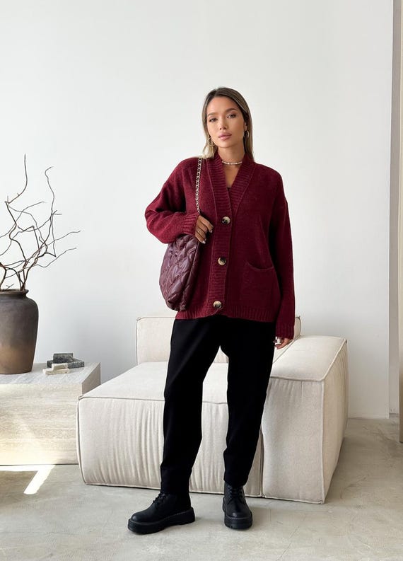 burgundy and gold dress plus size Burgundy Knit Jacket-Style Cardigan – Chic & Cozy L main image 1