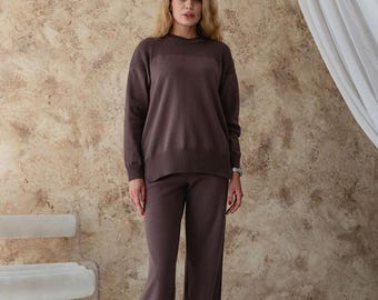Brown knitted suit for women, two piece set women, womens wool suit, loungewear set