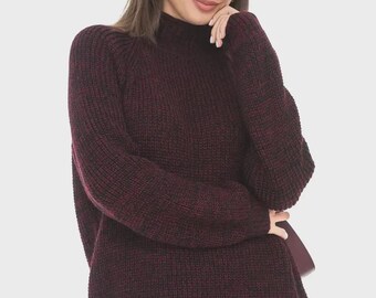 Red Сhunky Knit Sweater for Women, Turtleneck Sweater, Women's Cable Knit Wool Sweater, Mohair Knitted Sweater, Oversized Sweater, Pullover