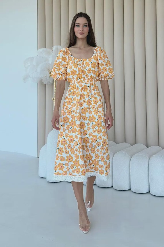 muslin midi dress Muslin Summer Midi Dress with Lace and Floral Print, Flower Girl Dress,  Fairy Dress, Casual Elegant DressSizes 44-50, Various Colors