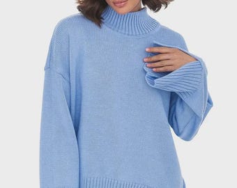 Blue Chunky Wool Winter Sweater, Knitted Jumper, Women Mohair Sweater, Elegant Knitted Sweater, Plus Size Warm Sweater, Chunky Knit Sweater