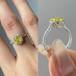 2 CT Canary Yellow Cushion Cut Ring 14K Solid Gold Halo Engagement Ring Unique Promise Bridal Ring Anniversary Gift For Women