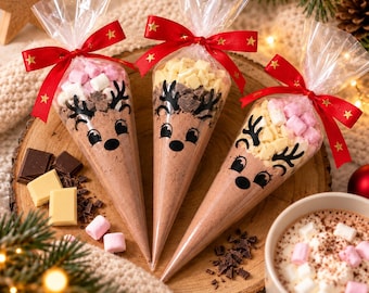 Mini Rentier Trinkschokolade für Adventskalender, Kleine Kakao Tütchen mit Marshmallows, Weihnachtsgeschenk, Nikolaus Mitbringsel