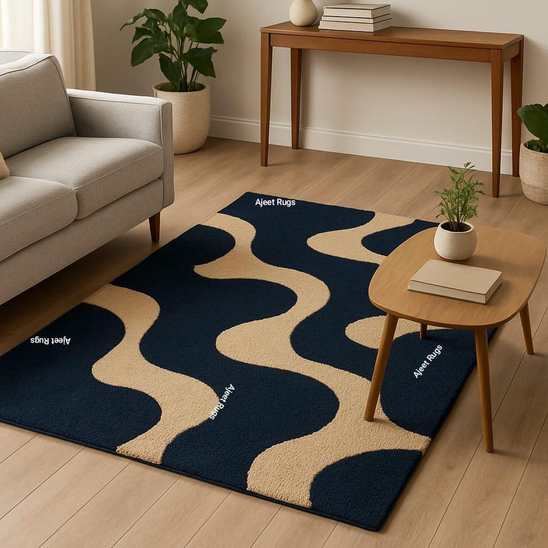 Modern Navy Rug Navy Blue Abstract Wavy Area Rug: Modern Living Room Carpet - Etsy