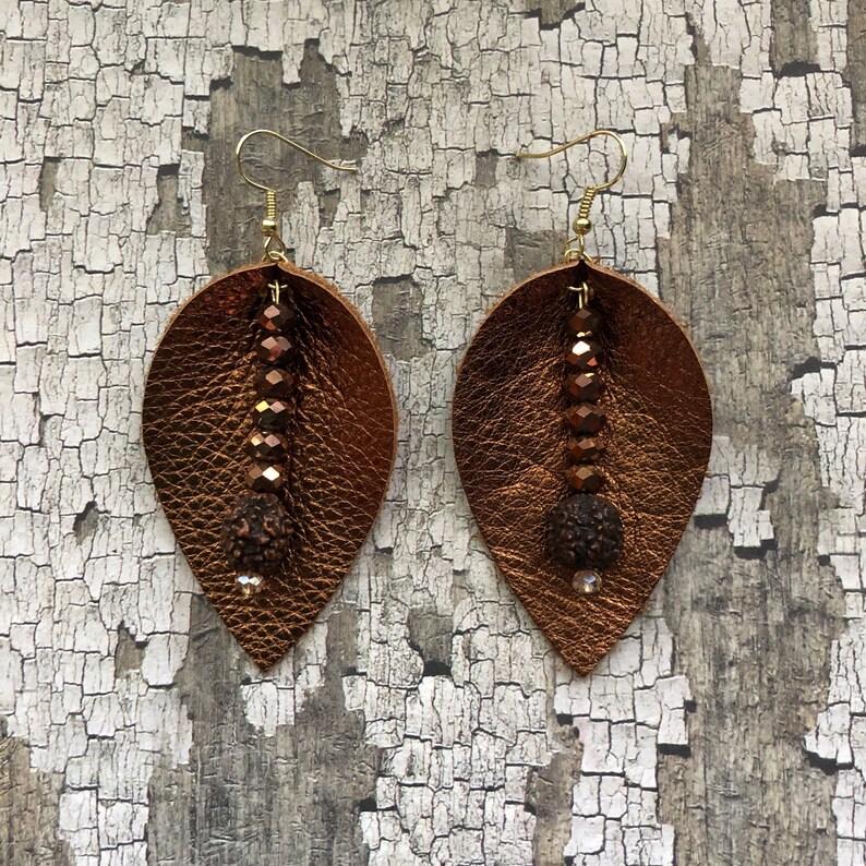 Bronze leather beaded earrings