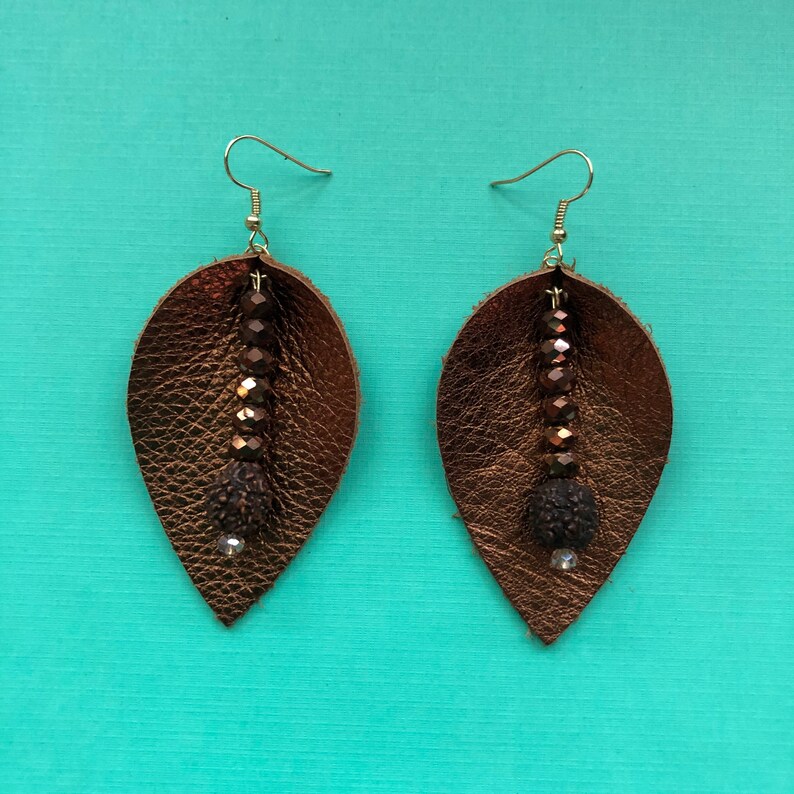 Bronze leather beaded earrings