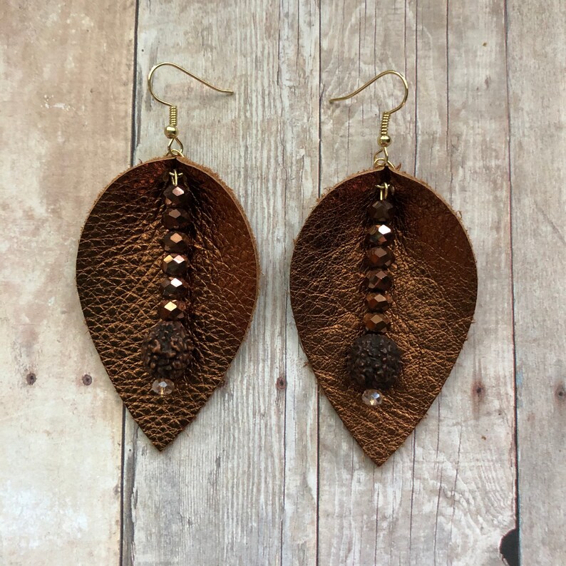 Bronze leather beaded earrings