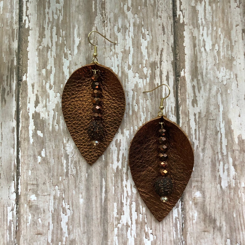 Bronze leather beaded earrings