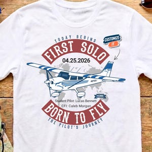 Camiseta de Piloto Primer Vuelo Solo, Camiseta Personalizada de Escuela de Vuelo con Personalización