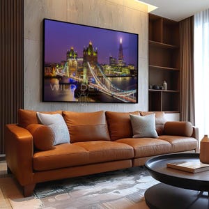 London Tower Bridge Night Cityscape | The Shard and River Thames | UK Landmark Long Exposure | British City Wall Art | Home Office