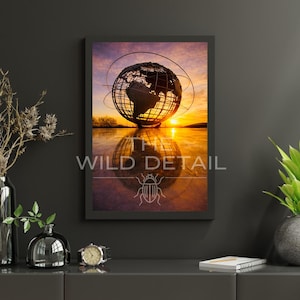 May include: Framed print showing a metal globe sculpture against a sunset. The globe's reflection is in the water. The text "THE WILD DETAIL" and a beetle graphic are at the bottom of the image.