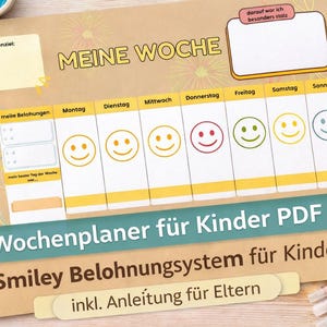 Könnte beinhalten: Ein Wochenplaner für Kinder im PDF-Format mit Smileys und Abschnitten für Ziele und Belohnungen. Der Planer enthält den Text "Meine Woche" und "Smiley Belohnungsystem für Kinder".