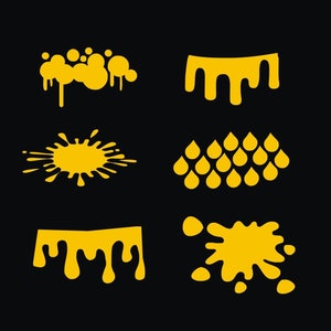 May include: A collection of six yellow paint splatter and drip designs on a black background. The designs include splatters, drips, and droplet patterns, suitable for graphic design or artistic projects. The image is a vector illustration.