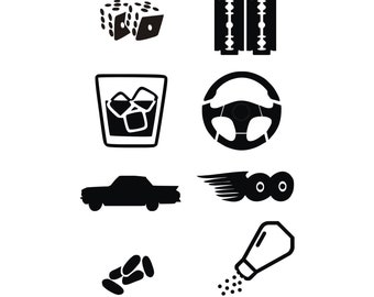 Vicios, herramientas de autodestrucción, cascos, tamaño extras decorativos, dados, navaja, bebida, rueda, ruedas de coche, pastillas, sal.