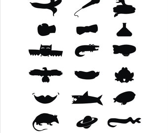 Assorted extras banana mic rattler boxing glove bowtie beaker owl gator sub eagle hotdog frog smile shark zepplin possum saturn snake