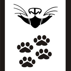 Wild Cat Face, Whiskers, Fangs and Paw Prints Decal Choose Color