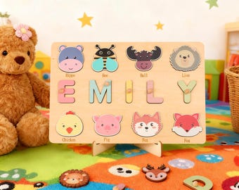 Personalized Name Puzzle, Animal Busy Board, Montessori Wooden Toy